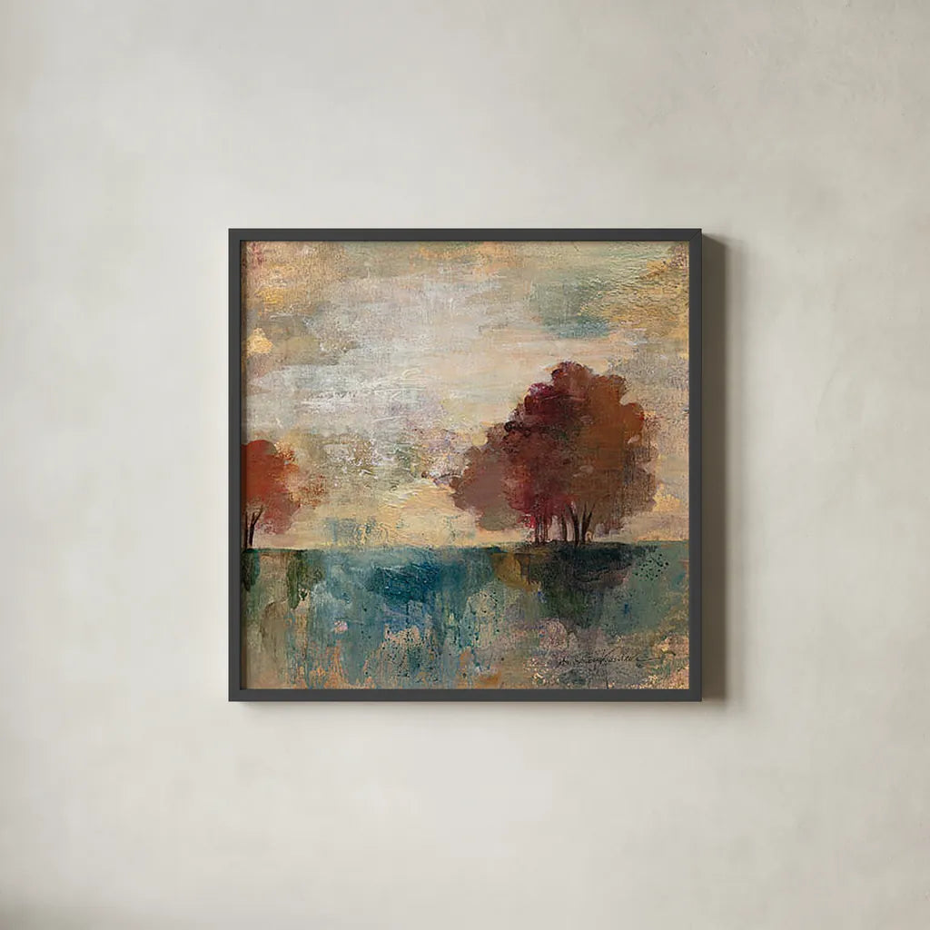 Landscape Monotype I by Silvia Vassileva. Shown in a sleek black glass frame for a contemporary gallery look. Available as an archival giclee rolled canvas, fine art paper, or poster print. SKU 20620a.