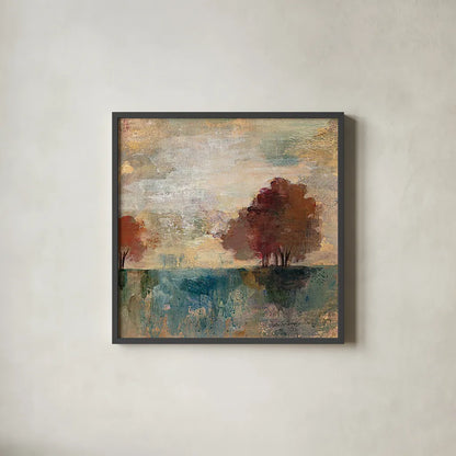 Landscape Monotype I by Silvia Vassileva. Shown in a sleek black glass frame for a contemporary gallery look. Available as an archival giclee rolled canvas, fine art paper, or poster print. SKU 20620a.