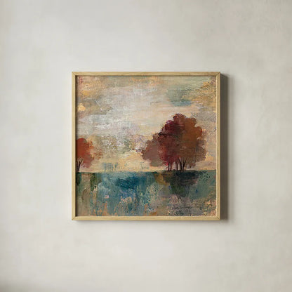 Landscape Monotype I by Silvia Vassileva. Shown in a natural wood glass frame for a timeless modern aesthetic. Available as an archival giclee rolled canvas, fine art paper, or poster print. SKU 20620a.