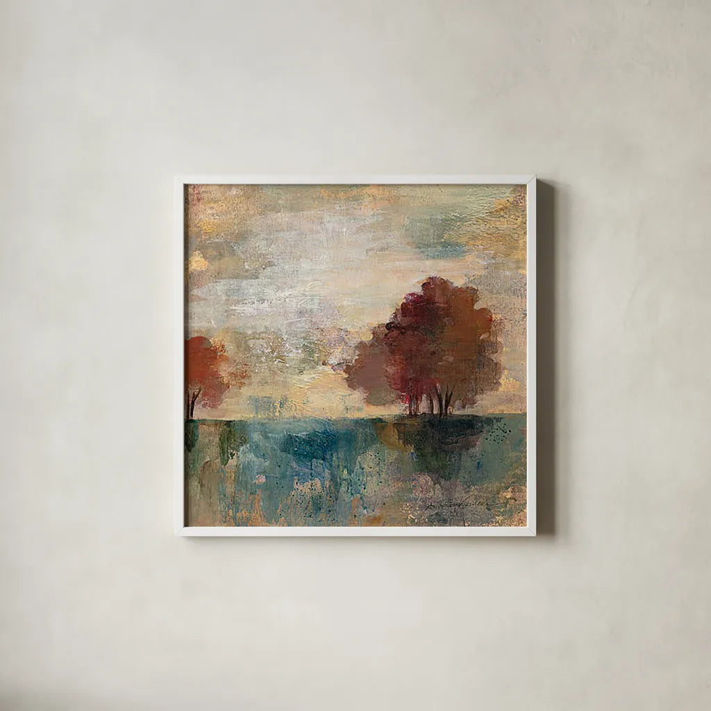 Landscape Monotype I by Silvia Vassileva. Shown in a crisp white glass frame for a clean and minimalist style. Available as an archival giclee rolled canvas, fine art paper, or poster print. SKU 20620a.