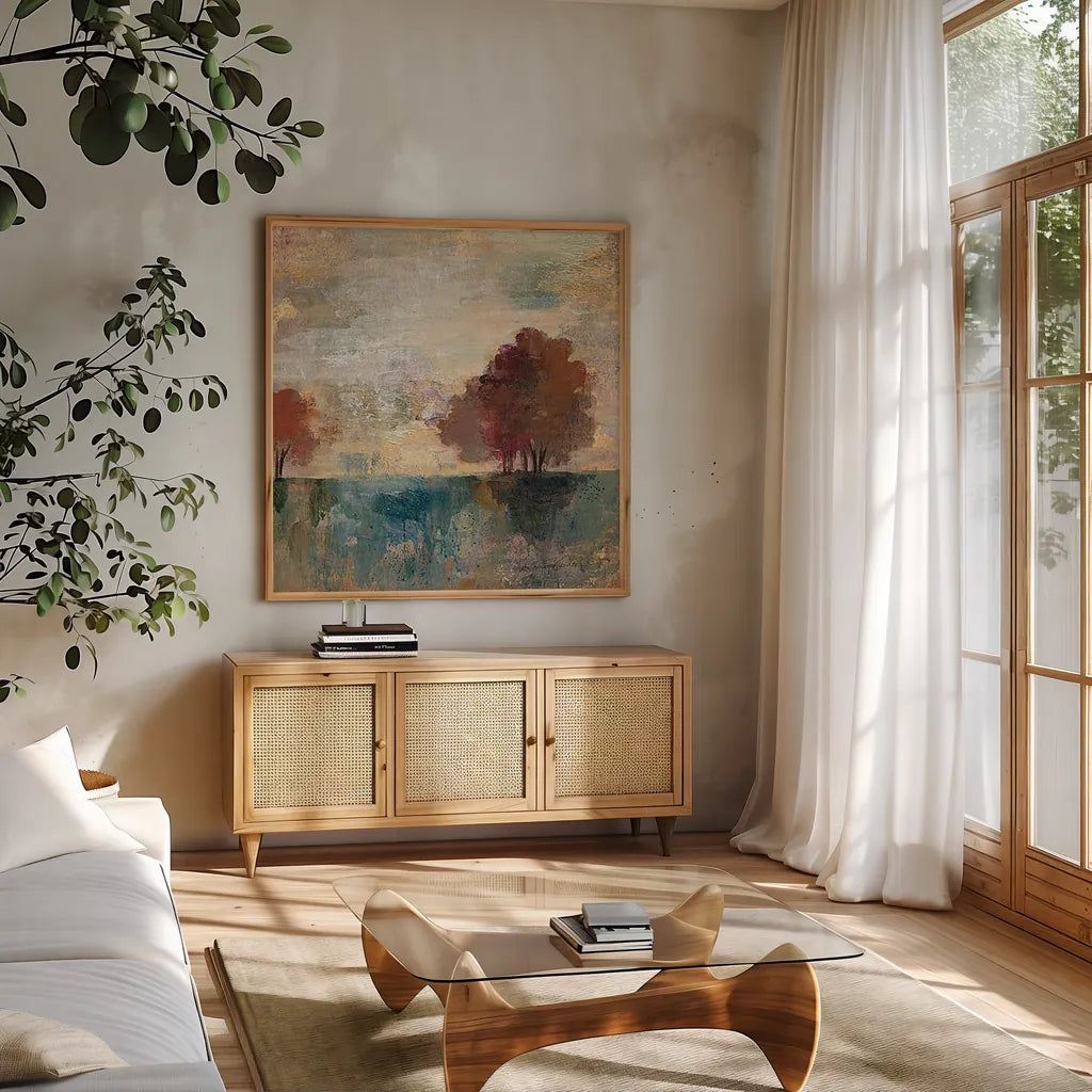 Landscape Monotype I by Silvia Vassileva. Shown in a natural wood frame in a cozy modern living room. Available as an archival giclee rolled canvas, fine art paper, or poster print. SKU 20620a.