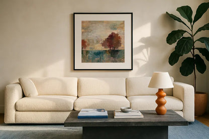 Landscape Monotype I by Silvia Vassileva. Displayed in a glass frame with matte in a clean modern living room. Available as an archival giclee rolled canvas, fine art paper, or poster print. SKU 20620a.