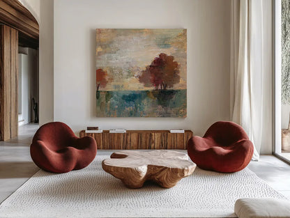 Landscape Monotype I by Silvia Vassileva. Shown as extra-large giant wall art in a modern living room. Available as an archival giclee rolled canvas, fine art paper, or poster print. SKU 20620a.
