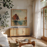 Landscape Monotype II by Silvia Vassileva. Shown in a natural wood frame in a cozy modern living room. Available as an archival giclee rolled canvas, fine art paper, or poster print. SKU 18550a.