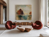 Landscape Monotype II by Silvia Vassileva. Shown as extra-large giant wall art in a modern living room. Available as an archival giclee rolled canvas, fine art paper, or poster print. SKU 18550a.