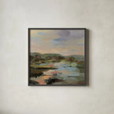 Landscape at Spring Dawn by Silvia Vassileva. Shown in a sleek black glass frame for a contemporary gallery look. Available as an archival giclee rolled canvas, fine art paper, or poster print. SKU 104187a.