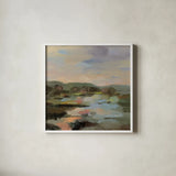 Landscape at Spring Dawn by Silvia Vassileva. Shown in a crisp white glass frame for a clean and minimalist style. Available as an archival giclee rolled canvas, fine art paper, or poster print. SKU 104187a.