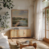 Landscape at Spring Dawn by Silvia Vassileva. Shown in a natural wood frame in a cozy modern living room. Available as an archival giclee rolled canvas, fine art paper, or poster print. SKU 104187a.