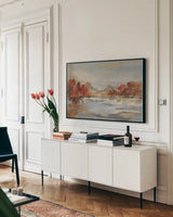 Late Fall Reminiscence by Silvia Vassileva. shown as a framed stretched canvas in a living room above a console. Available as a archival giclee rolled canvas, fine art paper, or poster print. SKU 13047i.
