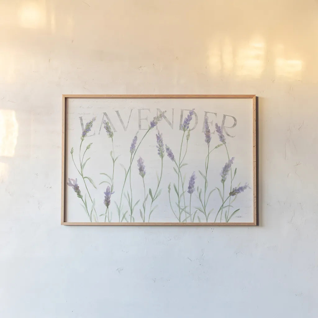 Lavender Fields I by Silvia Vassileva. shown as a paper print in a natural frame. Available as a archival giclee rolled canvas, fine art paper, or poster print. SKU 95678i.