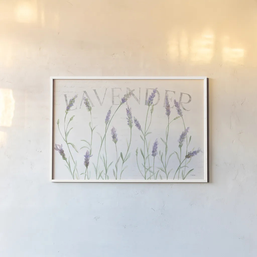 Lavender Fields I by Silvia Vassileva. shown as a paper print in a white frame. Available as a archival giclee rolled canvas, fine art paper, or poster print. SKU 95678i.