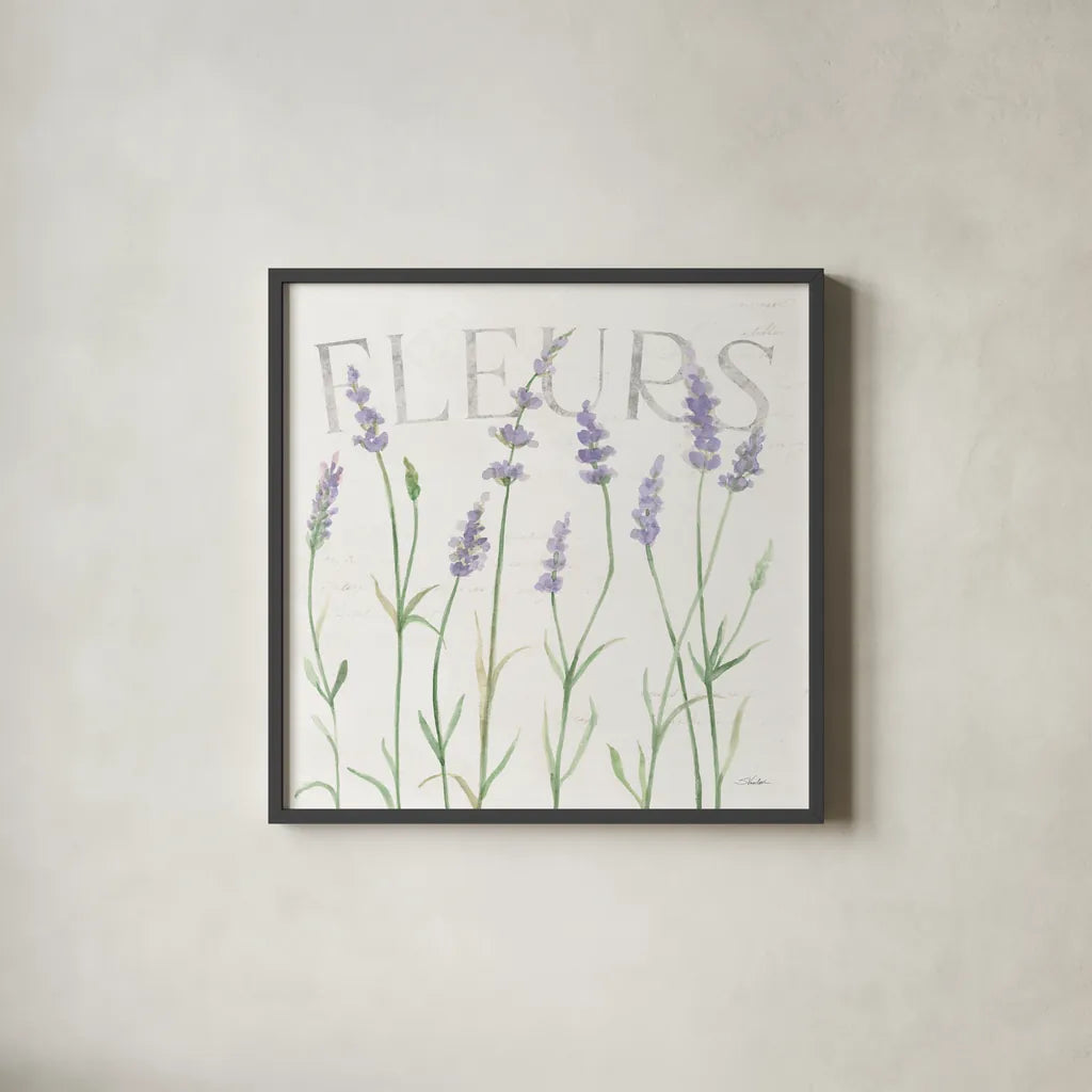 Lavender Fields II by Silvia Vassileva. Shown in a sleek black glass frame for a contemporary gallery look. Available as an archival giclee rolled canvas, fine art paper, or poster print. SKU 95679a.