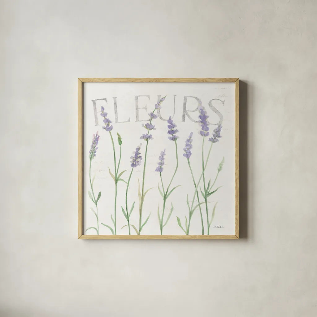 Lavender Fields II by Silvia Vassileva. Shown in a natural wood glass frame for a timeless modern aesthetic. Available as an archival giclee rolled canvas, fine art paper, or poster print. SKU 95679a.