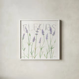Lavender Fields II by Silvia Vassileva. Shown in a crisp white glass frame for a clean and minimalist style. Available as an archival giclee rolled canvas, fine art paper, or poster print. SKU 95679a.