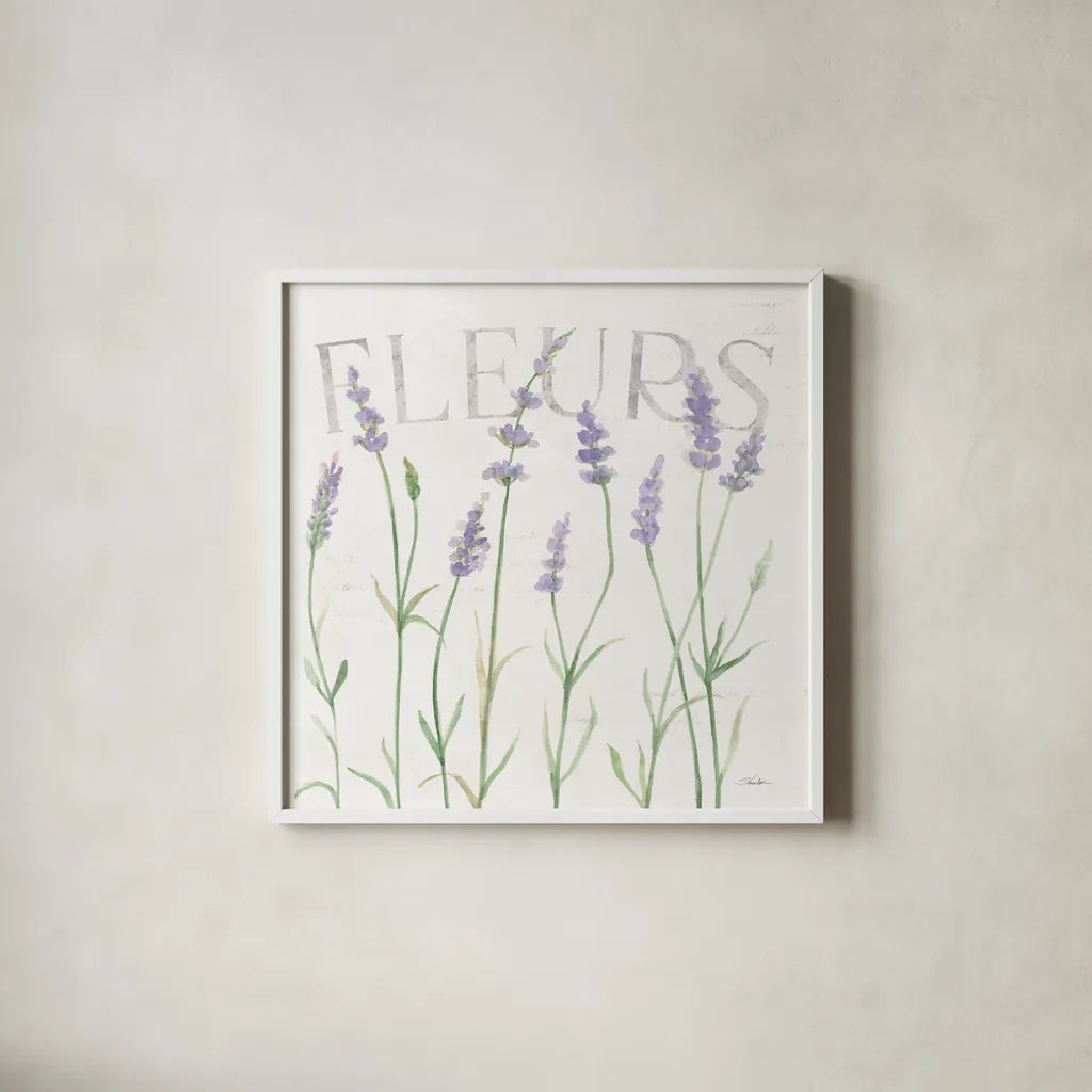Lavender Fields II by Silvia Vassileva. Shown in a crisp white glass frame for a clean and minimalist style. Available as an archival giclee rolled canvas, fine art paper, or poster print. SKU 95679a.
