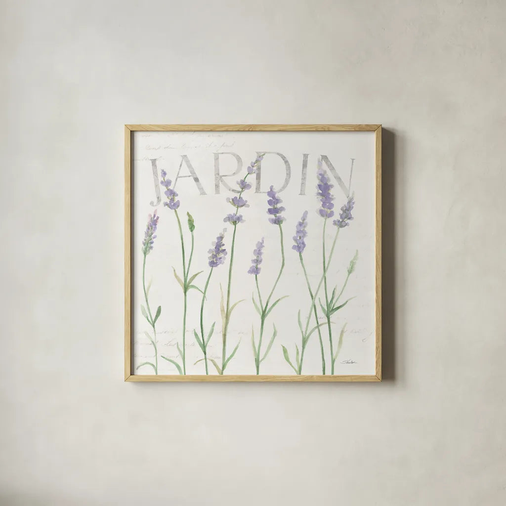 Lavender Fields III by Silvia Vassileva. Shown in a natural wood glass frame for a timeless modern aesthetic. Available as an archival giclee rolled canvas, fine art paper, or poster print. SKU 95680a.