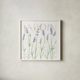 Lavender Fields III by Silvia Vassileva. Shown in a crisp white glass frame for a clean and minimalist style. Available as an archival giclee rolled canvas, fine art paper, or poster print. SKU 95680a.