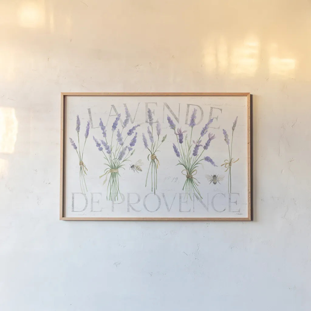 Lavender Fields IV by Silvia Vassileva. shown as a paper print in a natural frame. Available as a archival giclee rolled canvas, fine art paper, or poster print. SKU 95681i.
