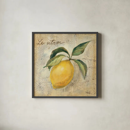 Le Citron by Silvia Vassileva. Shown in a sleek black glass frame for a contemporary gallery look. Available as an archival giclee rolled canvas, fine art paper, or poster print. SKU 9866a.