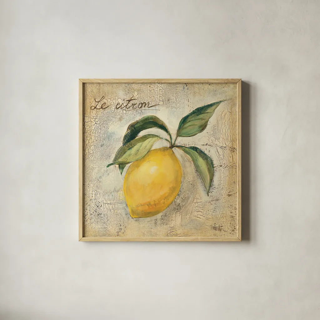 Le Citron by Silvia Vassileva. Shown in a natural wood glass frame for a timeless modern aesthetic. Available as an archival giclee rolled canvas, fine art paper, or poster print. SKU 9866a.