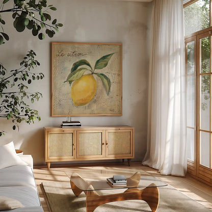 Le Citron by Silvia Vassileva. Shown in a natural wood frame in a cozy modern living room. Available as an archival giclee rolled canvas, fine art paper, or poster print. SKU 9866a.