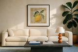 Le Citron by Silvia Vassileva. Displayed in a glass frame with matte in a clean modern living room. Available as an archival giclee rolled canvas, fine art paper, or poster print. SKU 9866a.