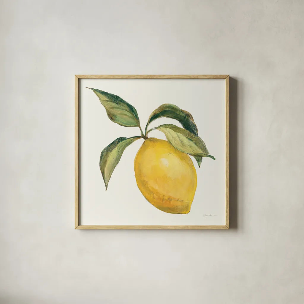 Le Citron on Cream by Silvia Vassileva. Shown in a natural wood glass frame for a timeless modern aesthetic. Available as an archival giclee rolled canvas, fine art paper, or poster print. SKU 63917a.