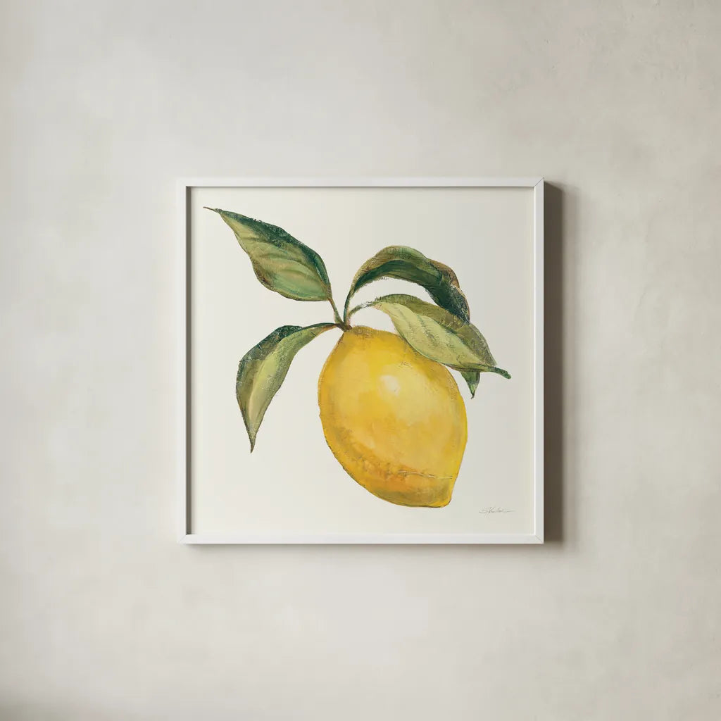 Le Citron on Cream by Silvia Vassileva. Shown in a crisp white glass frame for a clean and minimalist style. Available as an archival giclee rolled canvas, fine art paper, or poster print. SKU 63917a.