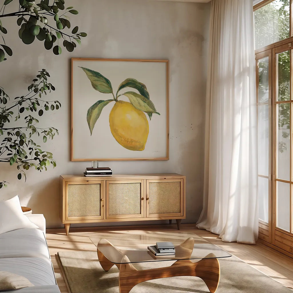 Le Citron on Cream by Silvia Vassileva. Shown in a natural wood frame in a cozy modern living room. Available as an archival giclee rolled canvas, fine art paper, or poster print. SKU 63917a.