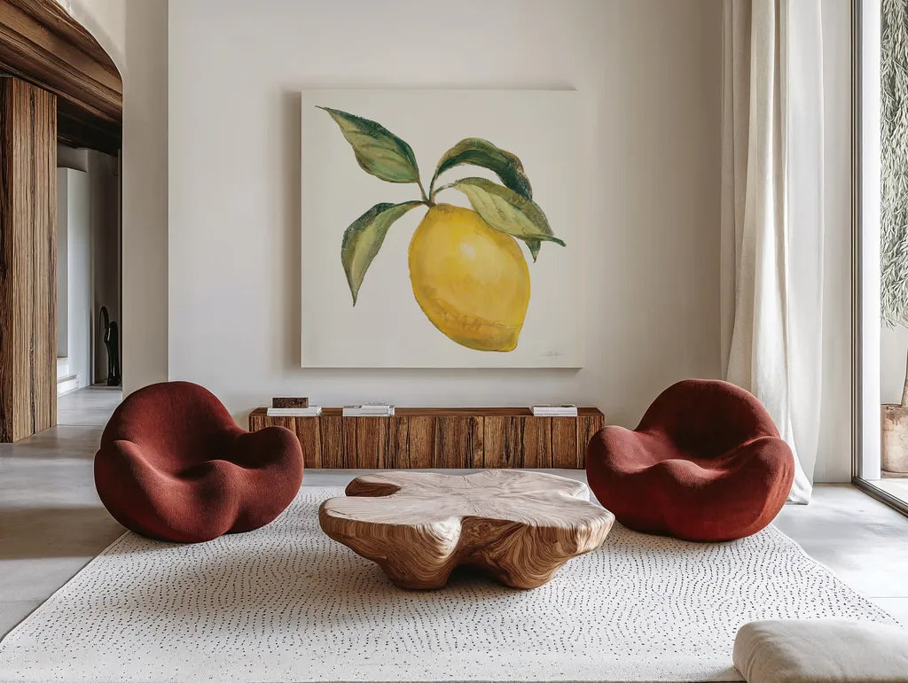 Le Citron on Cream by Silvia Vassileva. Shown as extra-large giant wall art in a modern living room. Available as an archival giclee rolled canvas, fine art paper, or poster print. SKU 63917a.