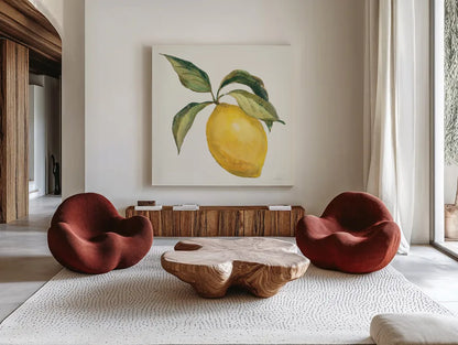 Le Citron on Cream by Silvia Vassileva. Shown as extra-large giant wall art in a modern living room. Available as an archival giclee rolled canvas, fine art paper, or poster print. SKU 63917a.