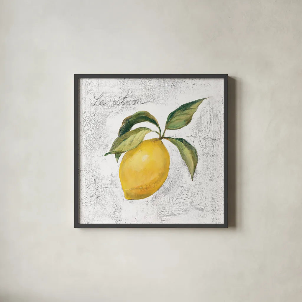 Le Citron on White by Silvia Vassileva. Shown in a sleek black glass frame for a contemporary gallery look. Available as an archival giclee rolled canvas, fine art paper, or poster print. SKU 51426a.
