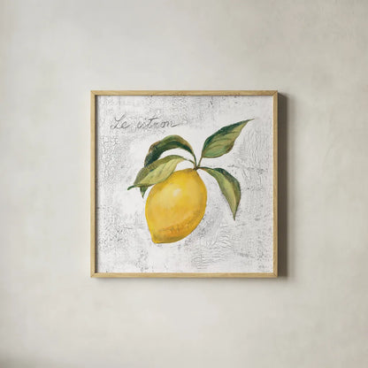 Le Citron on White by Silvia Vassileva. Shown in a natural wood glass frame for a timeless modern aesthetic. Available as an archival giclee rolled canvas, fine art paper, or poster print. SKU 51426a.