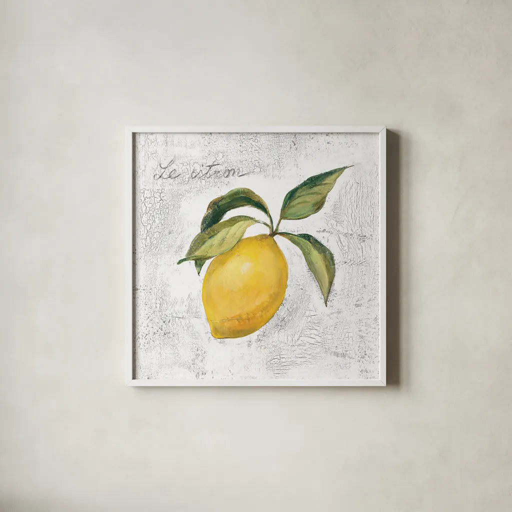 Le Citron on White by Silvia Vassileva. Shown in a crisp white glass frame for a clean and minimalist style. Available as an archival giclee rolled canvas, fine art paper, or poster print. SKU 51426a.