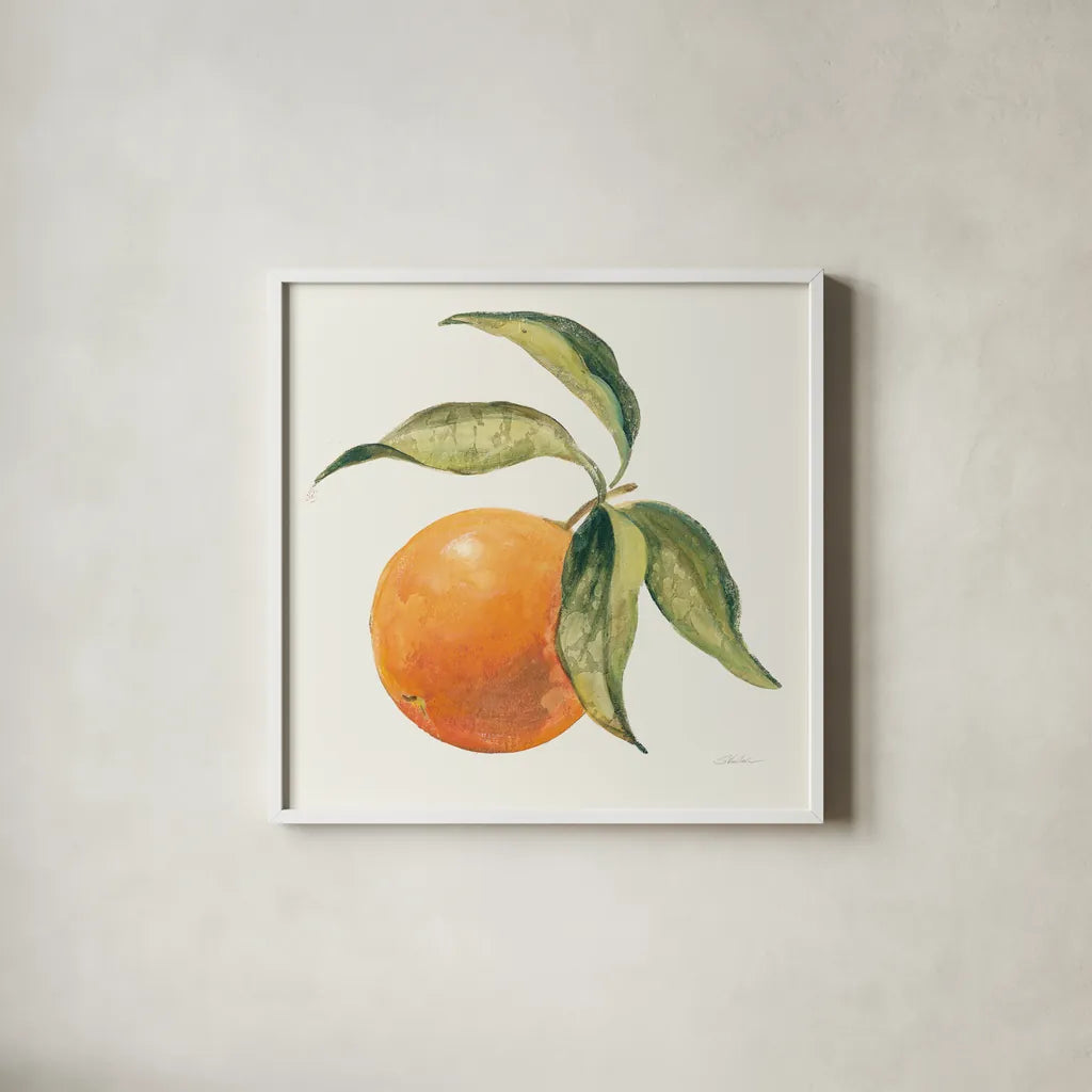 Le Orange on Cream by Silvia Vassileva. Shown in a crisp white glass frame for a clean and minimalist style. Available as an archival giclee rolled canvas, fine art paper, or poster print. SKU 63918a.