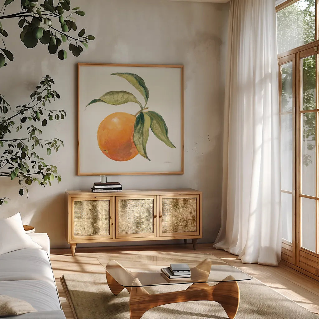 Le Orange on Cream by Silvia Vassileva. Shown in a natural wood frame in a cozy modern living room. Available as an archival giclee rolled canvas, fine art paper, or poster print. SKU 63918a.