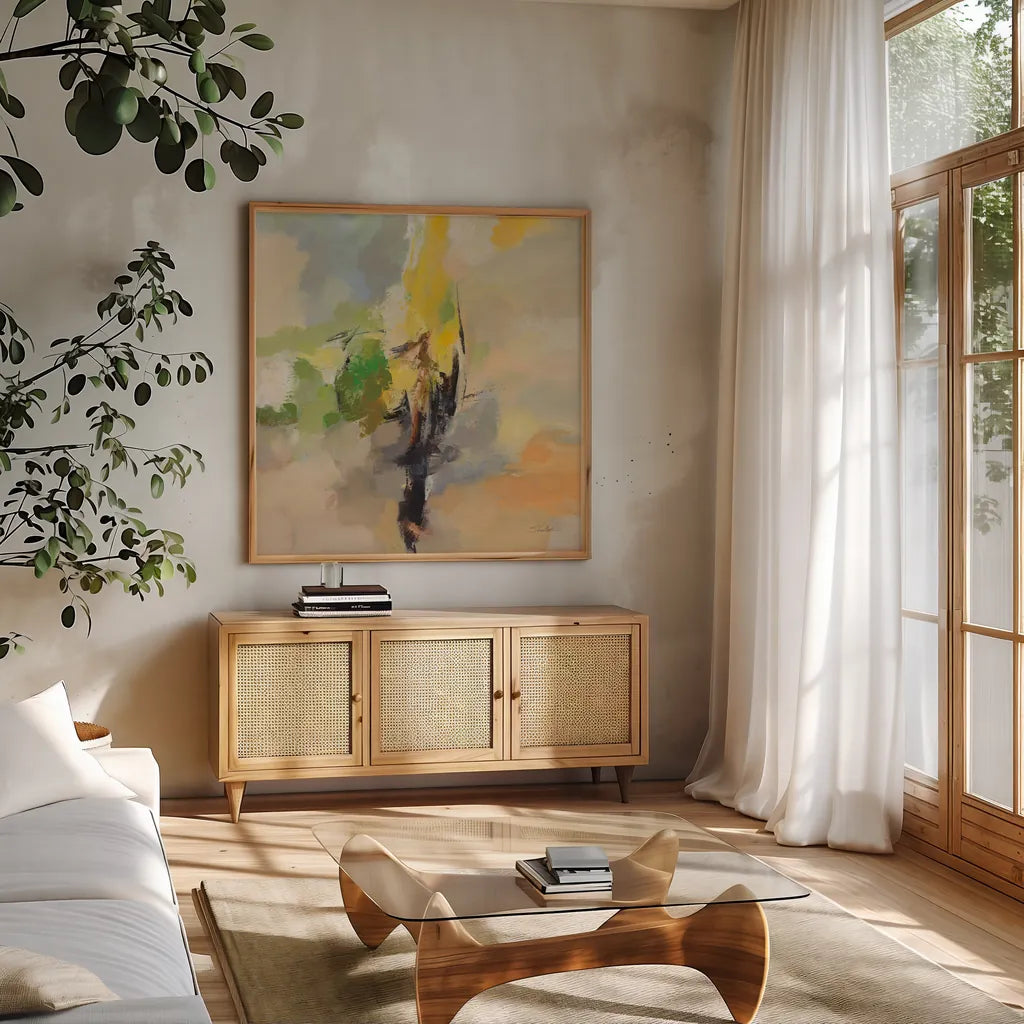 Lemon Grove by Silvia Vassileva. Shown in a natural wood frame in a cozy modern living room. Available as an archival giclee rolled canvas, fine art paper, or poster print. SKU 93592a.