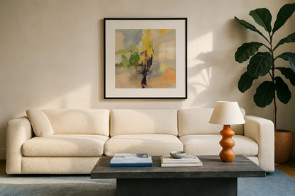 Lemon Grove by Silvia Vassileva. Displayed in a glass frame with matte in a clean modern living room. Available as an archival giclee rolled canvas, fine art paper, or poster print. SKU 93592a.