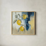 Lemons From the South I by Silvia Vassileva. Shown in a natural wood glass frame for a timeless modern aesthetic. Available as an archival giclee rolled canvas, fine art paper, or poster print. SKU 88697a.