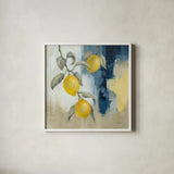 Lemons From the South I by Silvia Vassileva. Shown in a crisp white glass frame for a clean and minimalist style. Available as an archival giclee rolled canvas, fine art paper, or poster print. SKU 88697a.