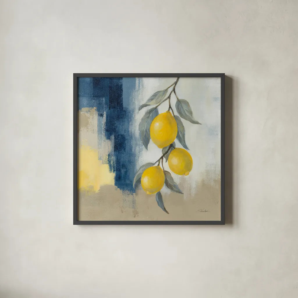 Lemons From the South II by Silvia Vassileva. Shown in a sleek black glass frame for a contemporary gallery look. Available as an archival giclee rolled canvas, fine art paper, or poster print. SKU 88698a.