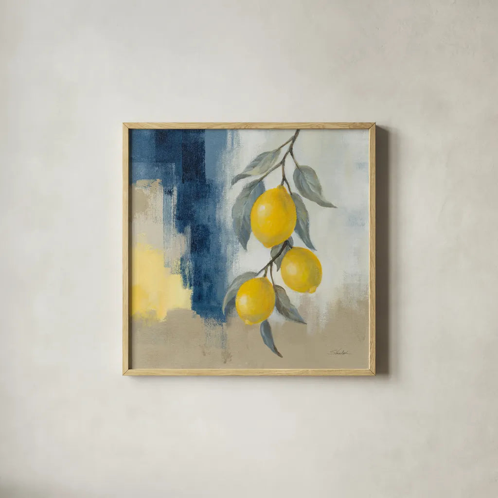 Lemons From the South II by Silvia Vassileva. Shown in a natural wood glass frame for a timeless modern aesthetic. Available as an archival giclee rolled canvas, fine art paper, or poster print. SKU 88698a.