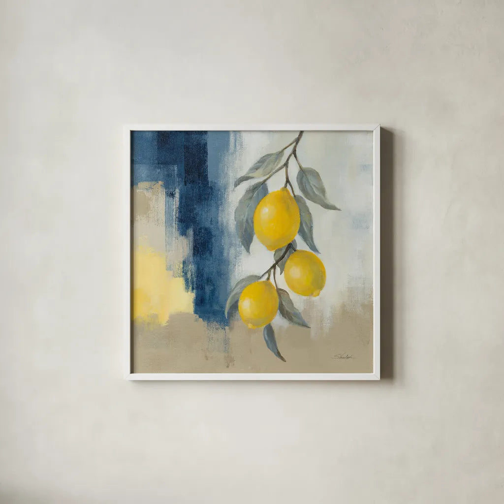 Lemons From the South II by Silvia Vassileva. Shown in a crisp white glass frame for a clean and minimalist style. Available as an archival giclee rolled canvas, fine art paper, or poster print. SKU 88698a.