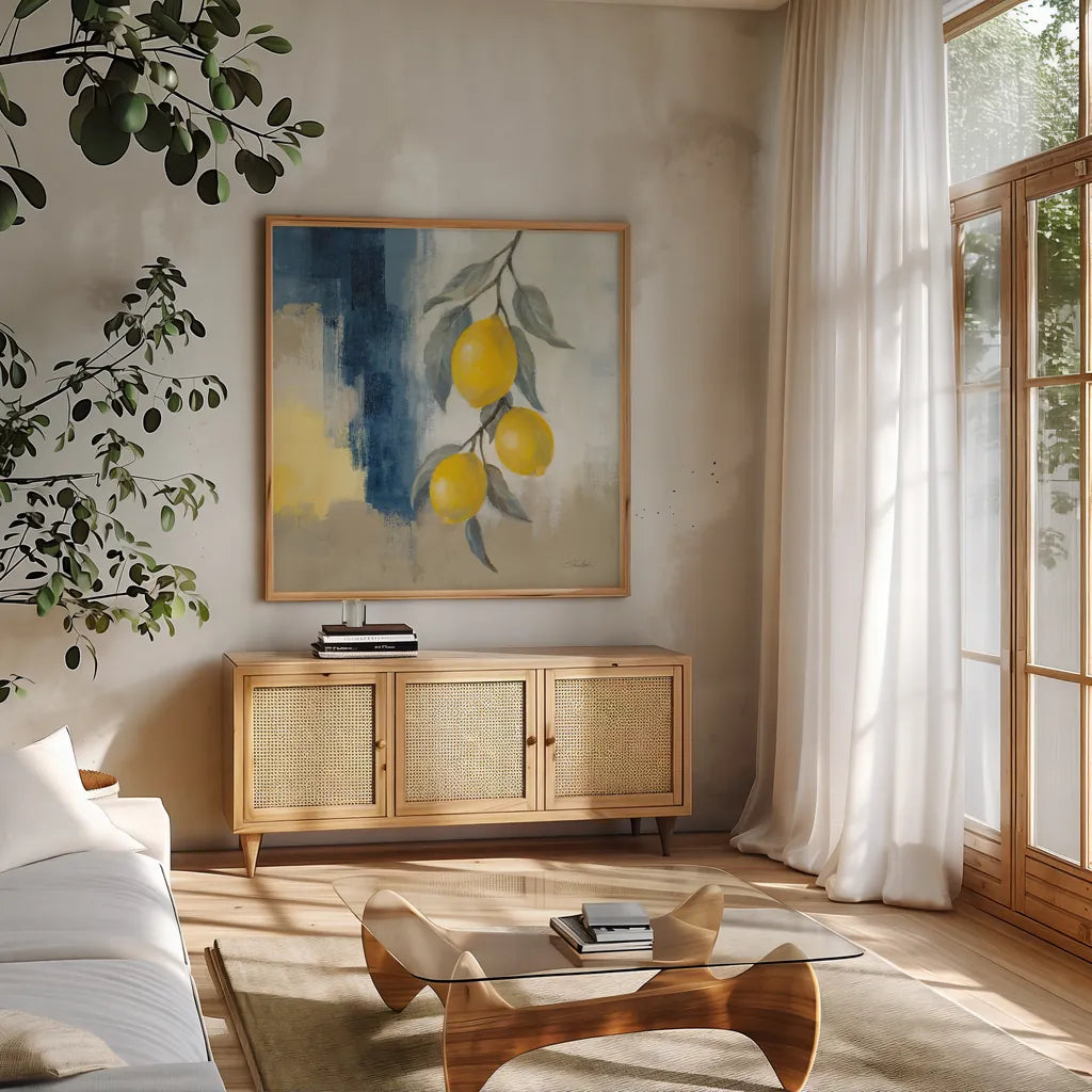 Lemons From the South II by Silvia Vassileva. Shown in a natural wood frame in a cozy modern living room. Available as an archival giclee rolled canvas, fine art paper, or poster print. SKU 88698a.