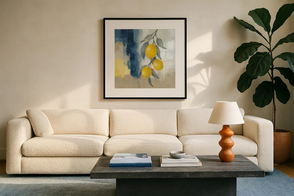 Lemons From the South II by Silvia Vassileva. Displayed in a glass frame with matte in a clean modern living room. Available as an archival giclee rolled canvas, fine art paper, or poster print. SKU 88698a.
