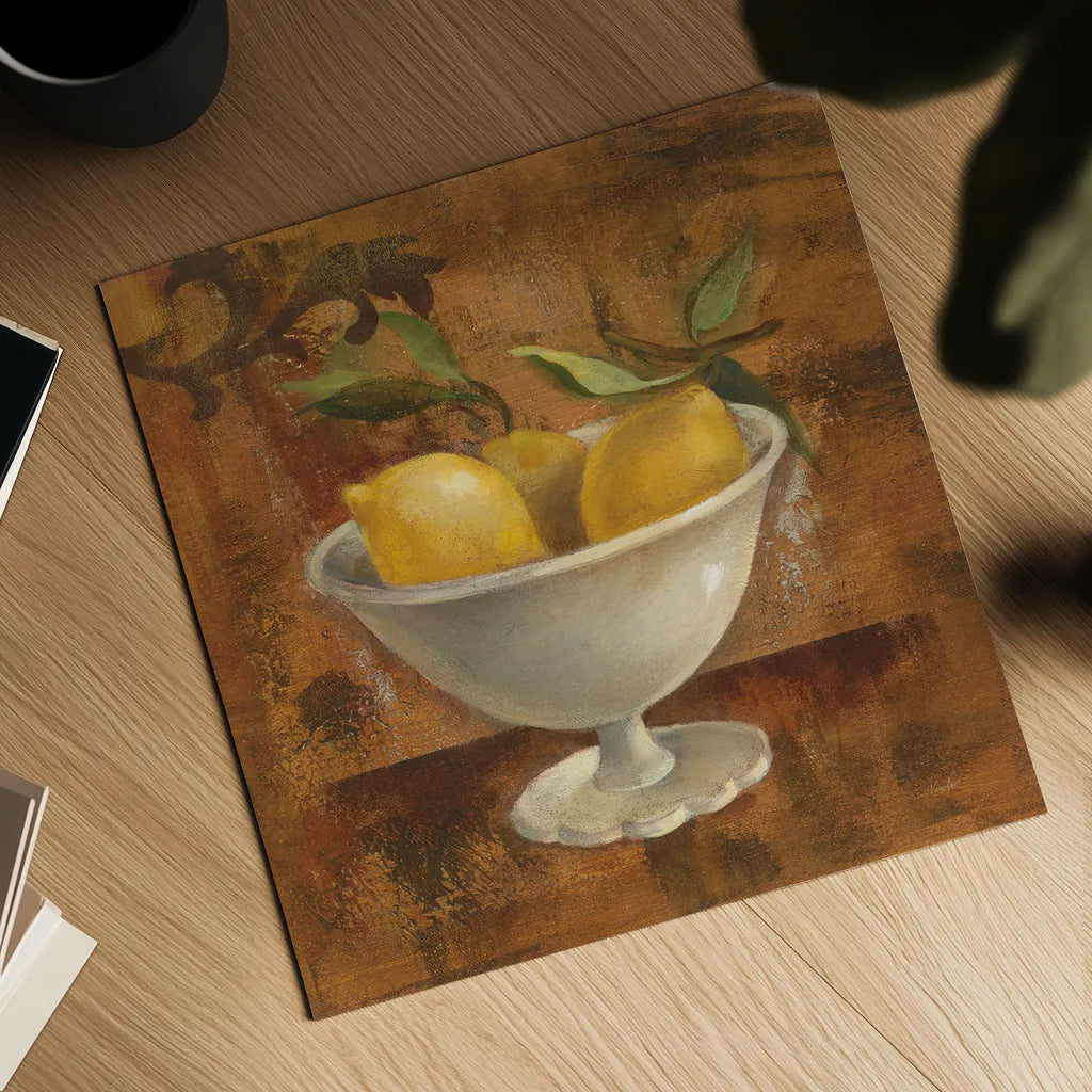 Lemons in Old Bowl by Silvia Vassileva. Shown as a detailed flat fine art print, highlighting archival giclee quality. Available as an archival giclee rolled canvas, fine art paper, or poster print. SKU 60345a.