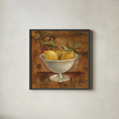 Lemons in Old Bowl by Silvia Vassileva. Shown in a sleek black glass frame for a contemporary gallery look. Available as an archival giclee rolled canvas, fine art paper, or poster print. SKU 60345a.