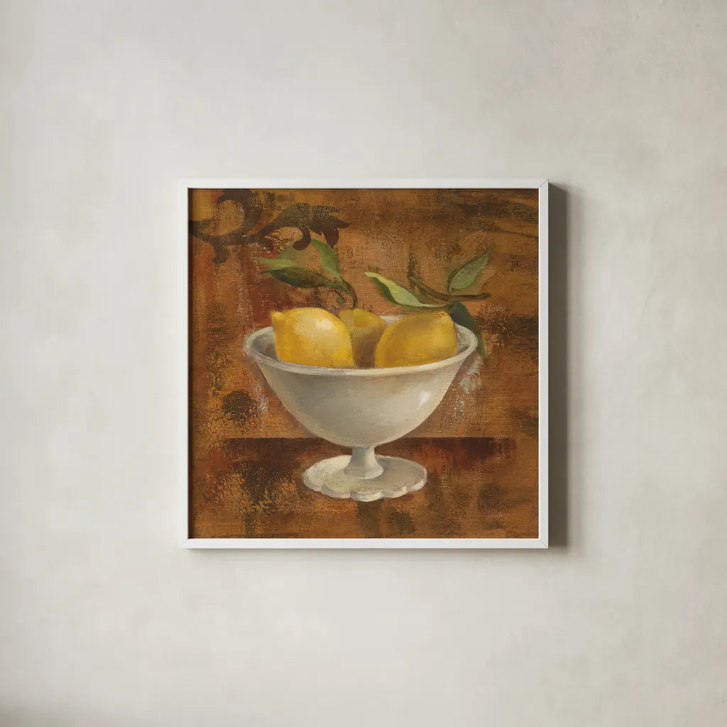 Lemons in Old Bowl by Silvia Vassileva. Shown in a crisp white glass frame for a clean and minimalist style. Available as an archival giclee rolled canvas, fine art paper, or poster print. SKU 60345a.