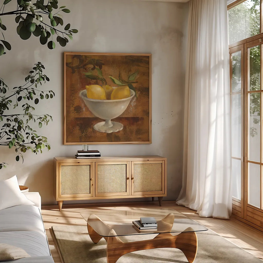 Lemons in Old Bowl by Silvia Vassileva. Shown in a natural wood frame in a cozy modern living room. Available as an archival giclee rolled canvas, fine art paper, or poster print. SKU 60345a.