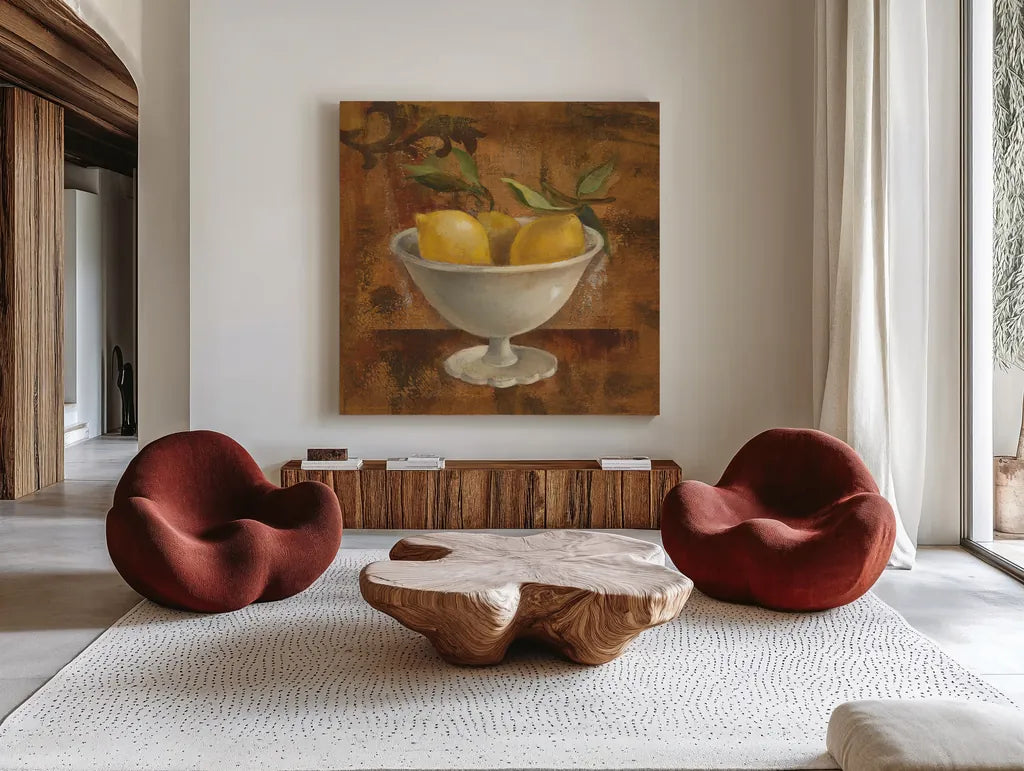 Lemons in Old Bowl by Silvia Vassileva. Shown as extra-large giant wall art in a modern living room. Available as an archival giclee rolled canvas, fine art paper, or poster print. SKU 60345a.